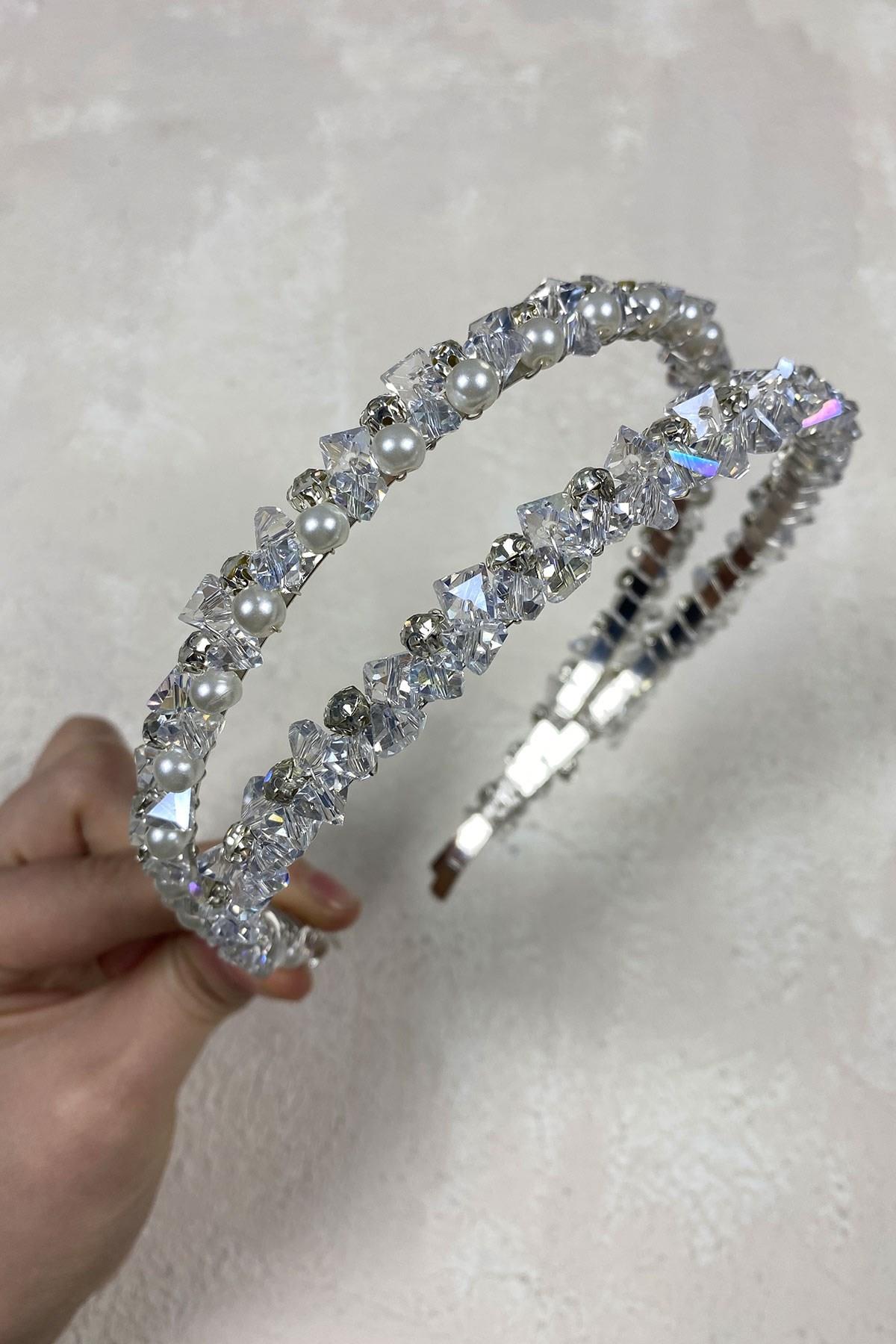 Toptan Kristal Taşlı İncili Çift Sıra Saç Aksesuarı Gelin Tacı