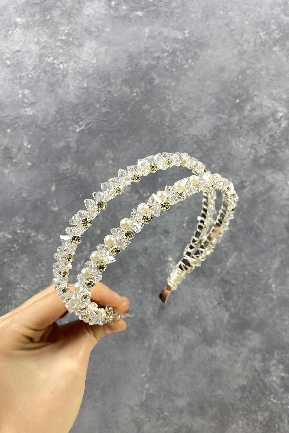 Toptan Kristal Taşlı İncili Çift Sıra Saç Aksesuarı Gelin Tacı