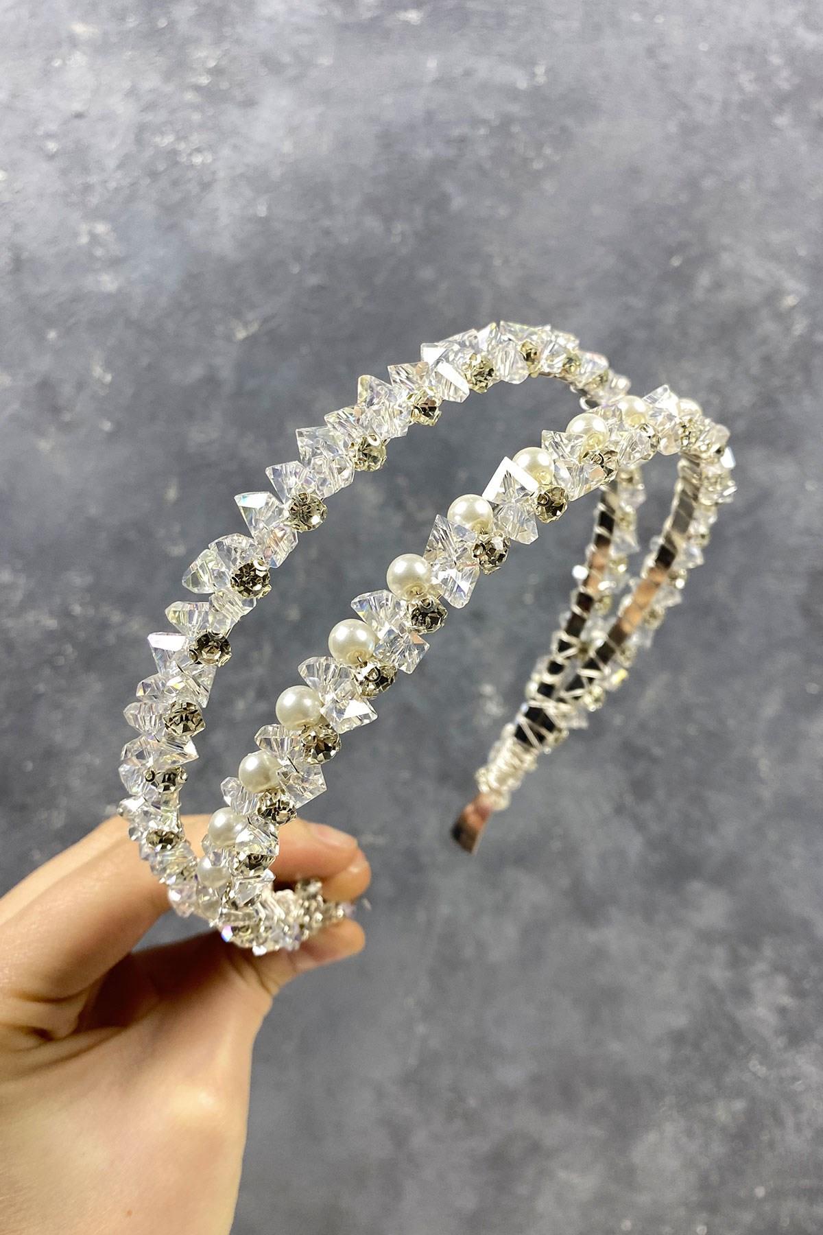 Toptan Kristal Taşlı İncili Çift Sıra Saç Aksesuarı Gelin Tacı
