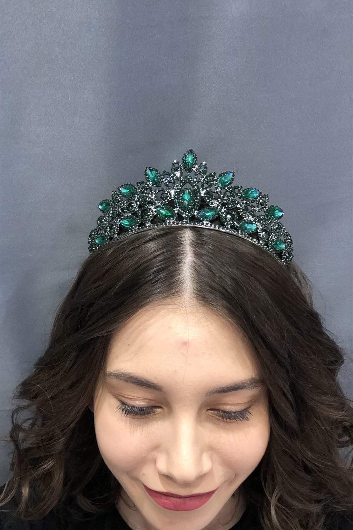 Toptan Kristal Taşlı Yeşil Gelin Tacı