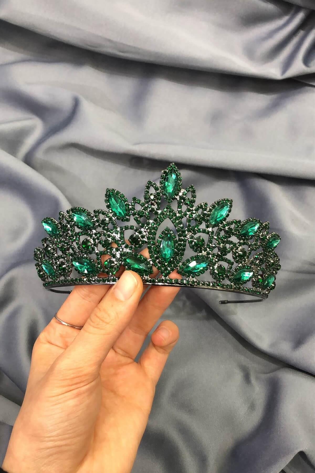 Toptan Kristal Taşlı Yeşil Gelin Tacı