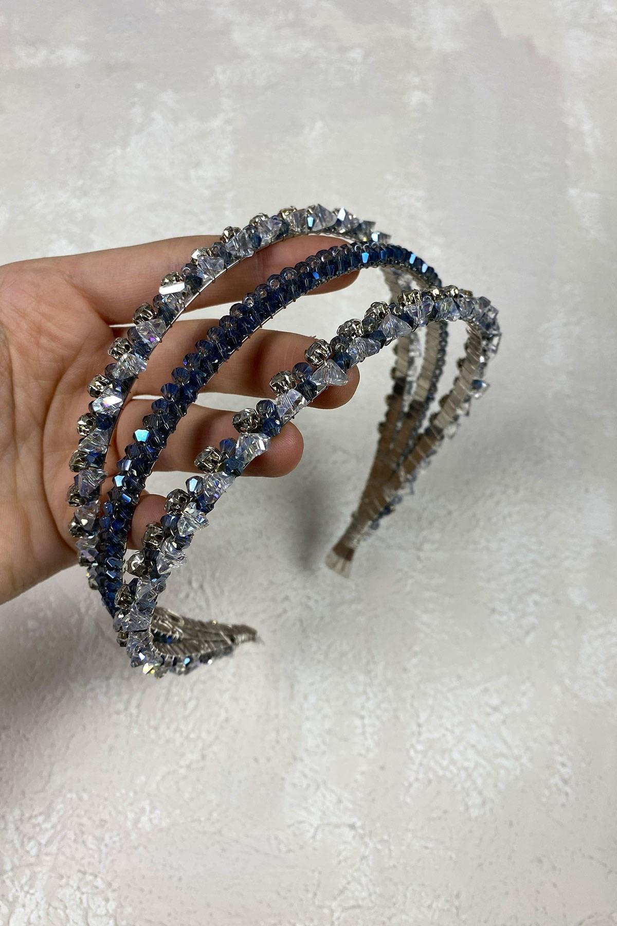 Wholesale Navy Blue 3 Row Special Design Bridal Crown Hair Accessory