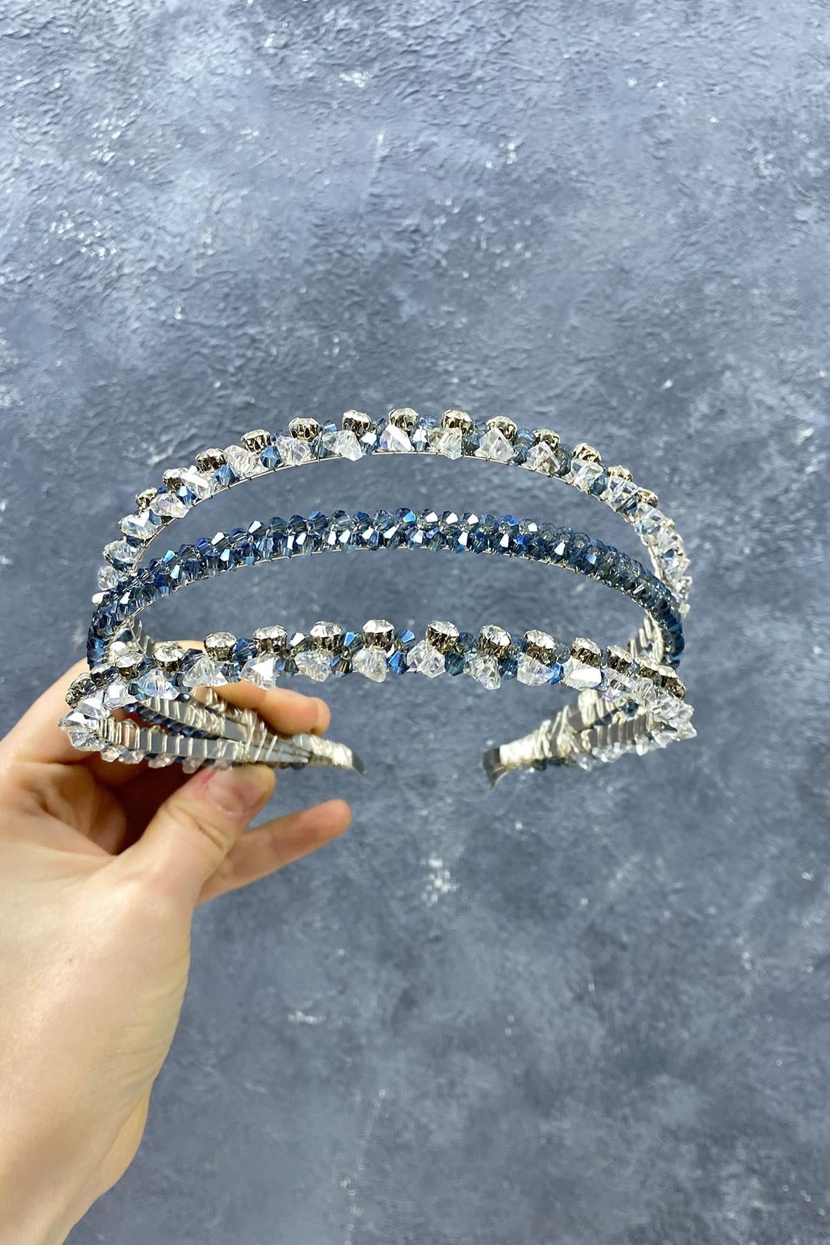 Wholesale Navy Blue 3 Row Special Design Bridal Crown Hair Accessory