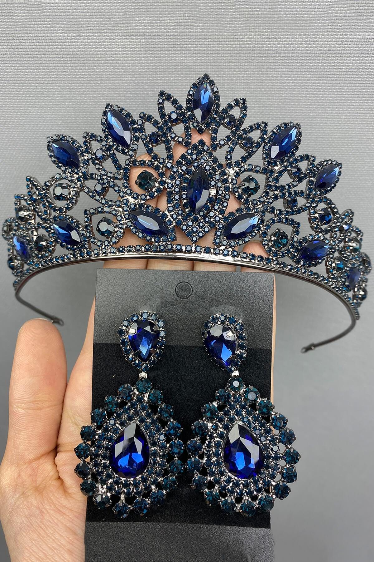 Wholesale Navy Blue Bridal Henna Crown and Earrings