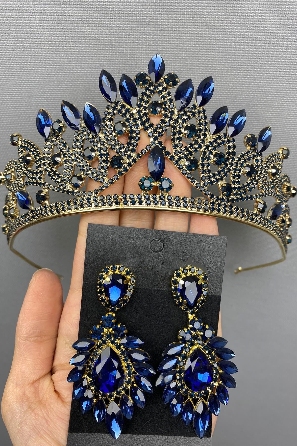 Wholesale Navy Blue Gold Bridal Henna Crown and Earrings