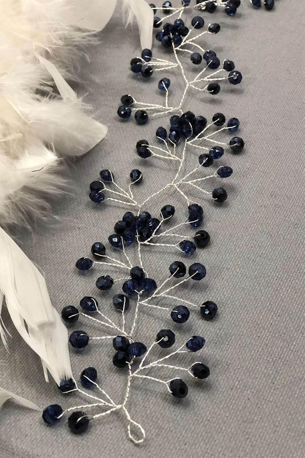 Toptan Lacivert Kristal Boncuklu Saç Aksesuarı