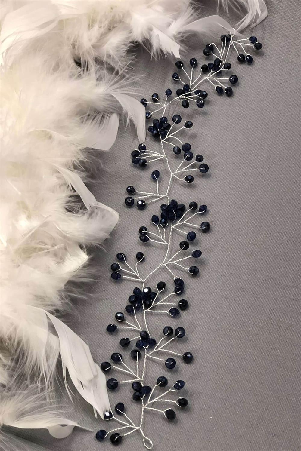 Toptan Lacivert Kristal Boncuklu Saç Aksesuarı