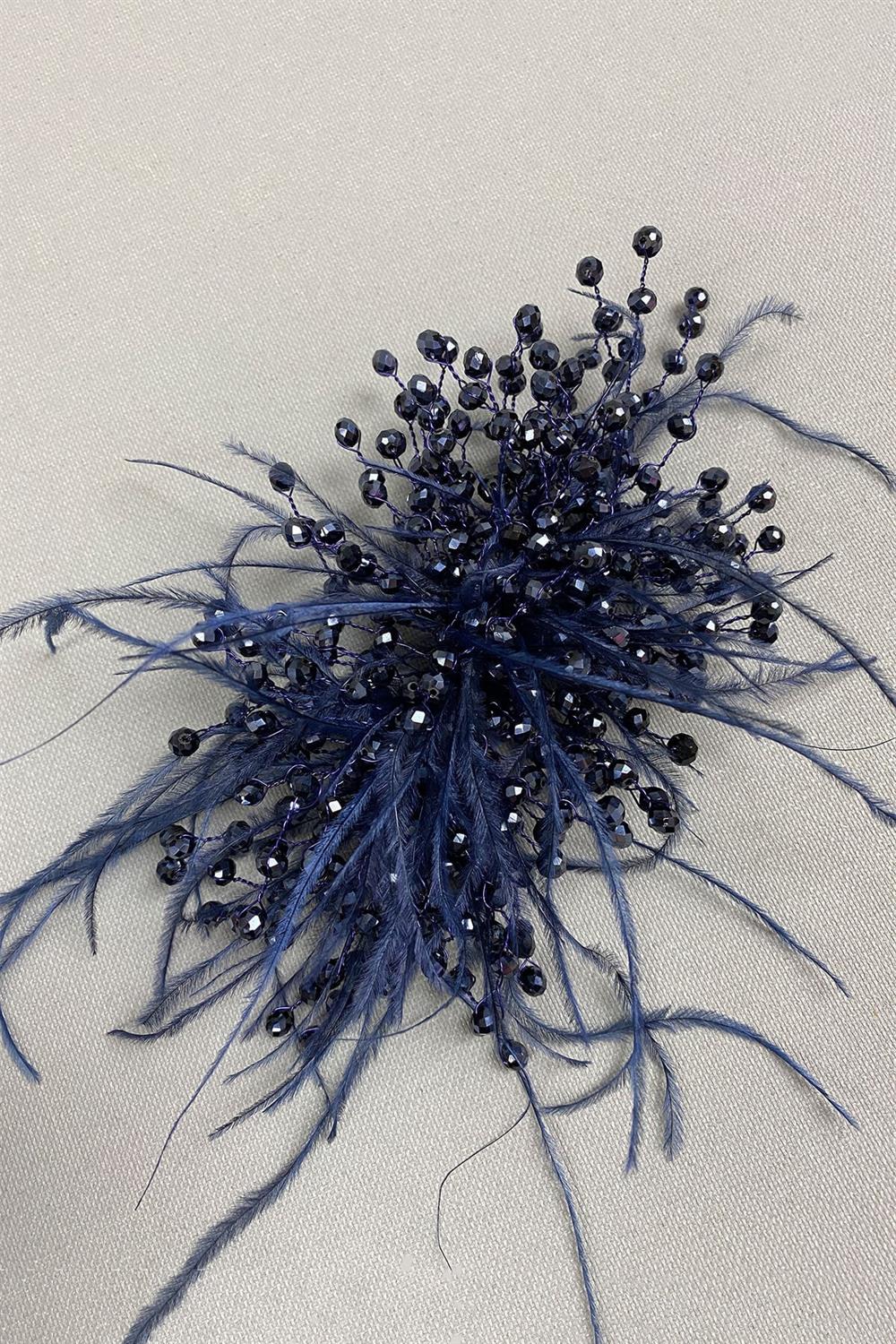 Wholesale Navy Blue Crystal Beaded and Feather Hair Accessory