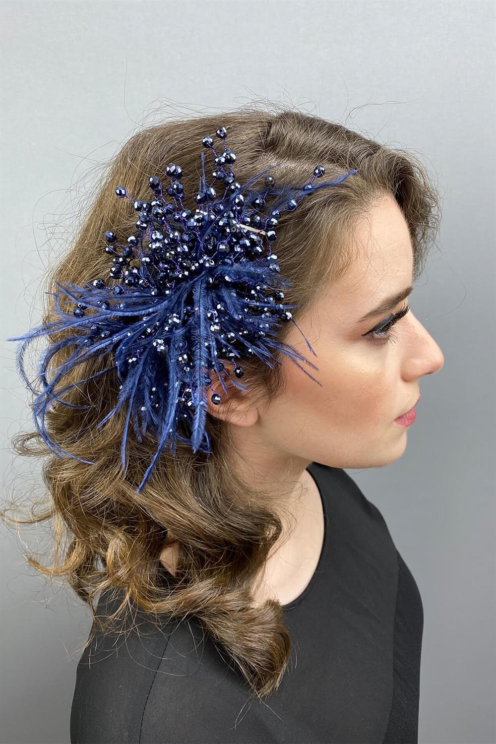 Wholesale Navy Blue Crystal Beaded and Feather Hair Accessory