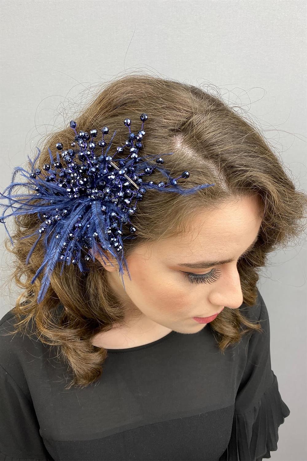 Wholesale Navy Blue Crystal Beaded and Feather Hair Accessory