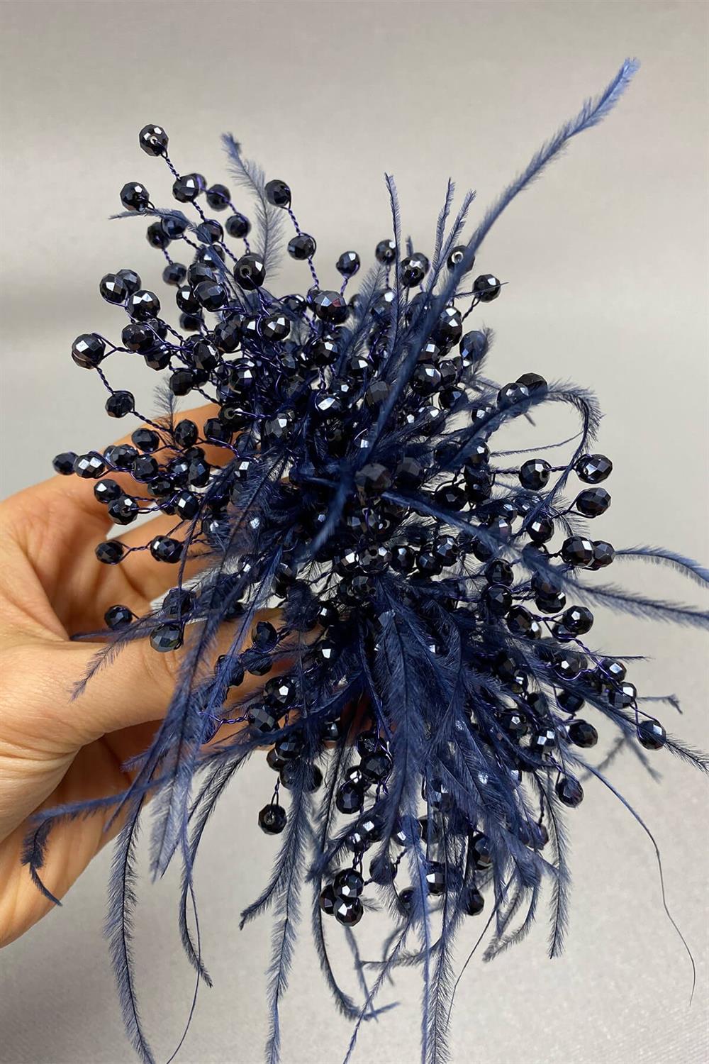 Wholesale Navy Blue Crystal Beaded and Feather Hair Accessory