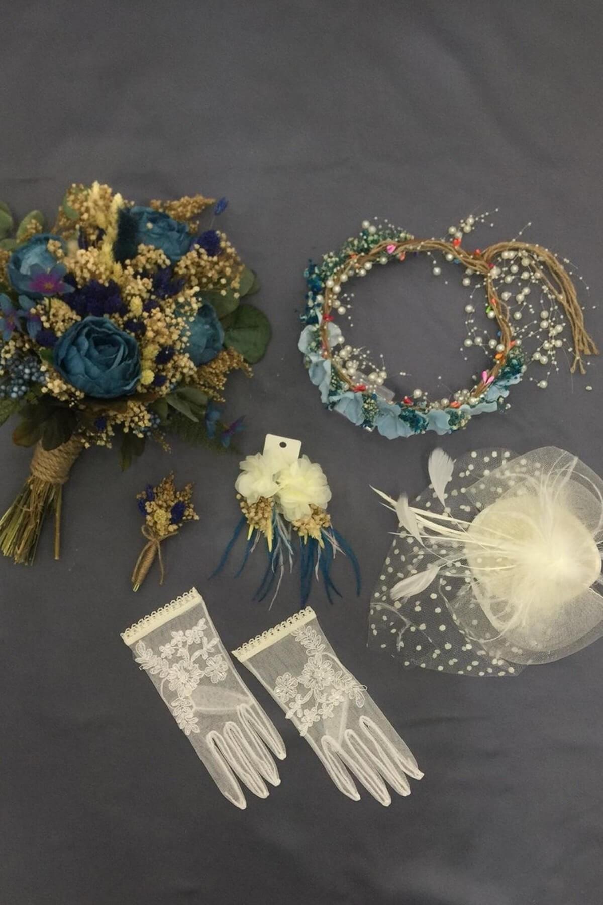 Wholesale Blue Dried Artificial Flower Bridal Bouquet Set
