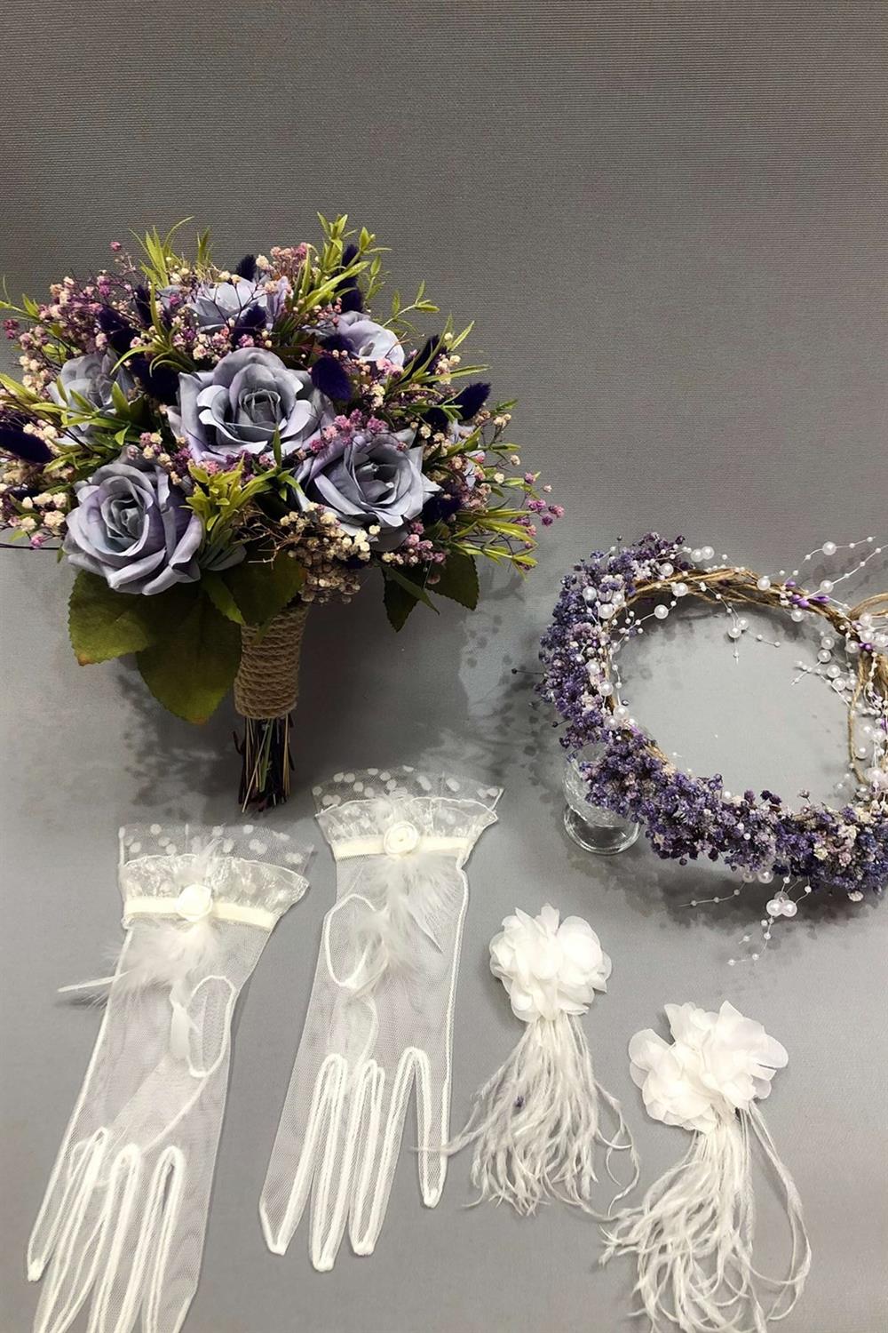Wholesale Bridal Bouquet Set Blended with Purple Chipsolu and Artificial Flowers