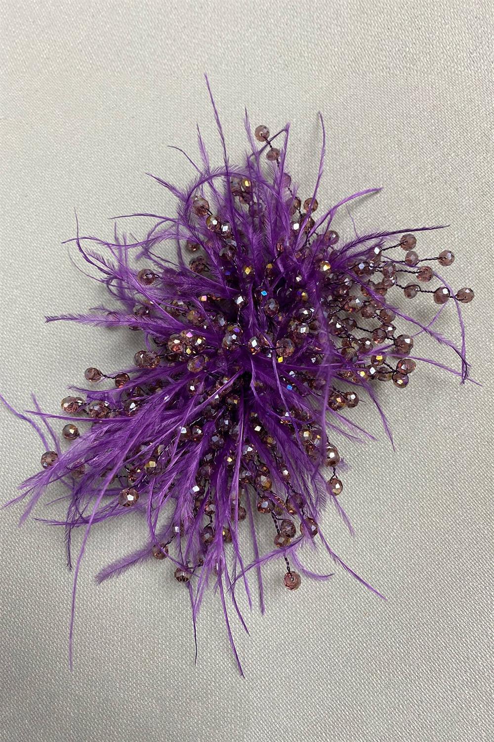 Toptan Mor Kristal Boncuklu ve Tüylü Saç Tokası