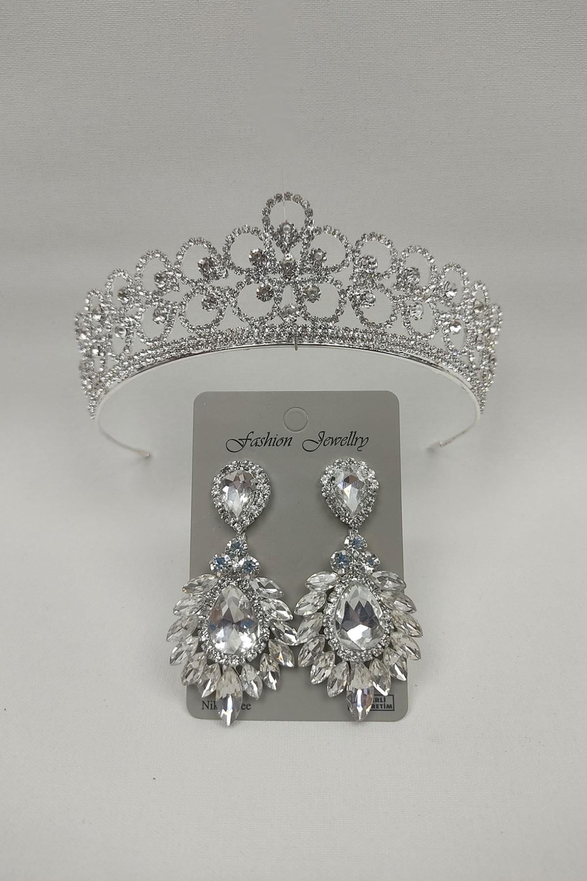 Wholesale Daisy Patterned Bridal Crown and Drop Shuttle Stone Earrings
