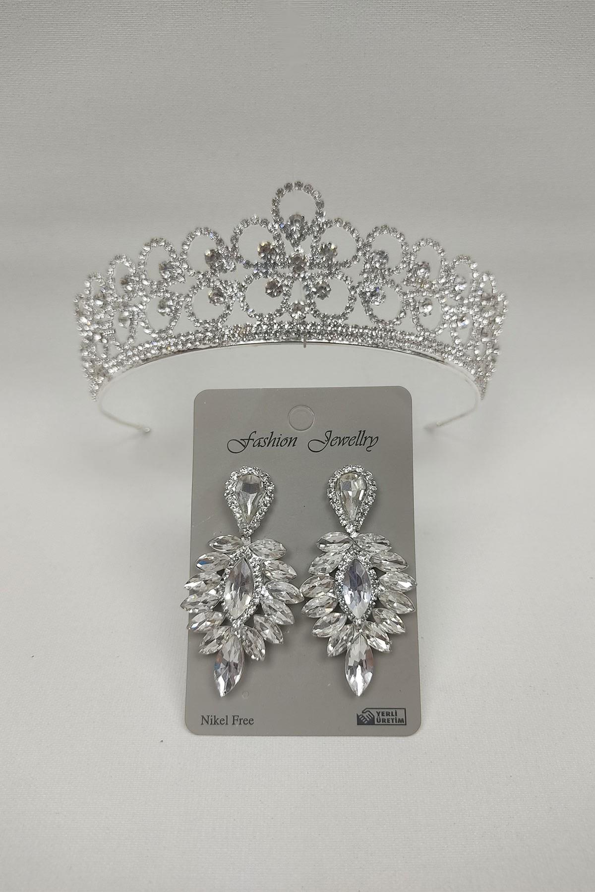 Wholesale Daisy Patterned Bridal Crown and Drop Stone Earrings