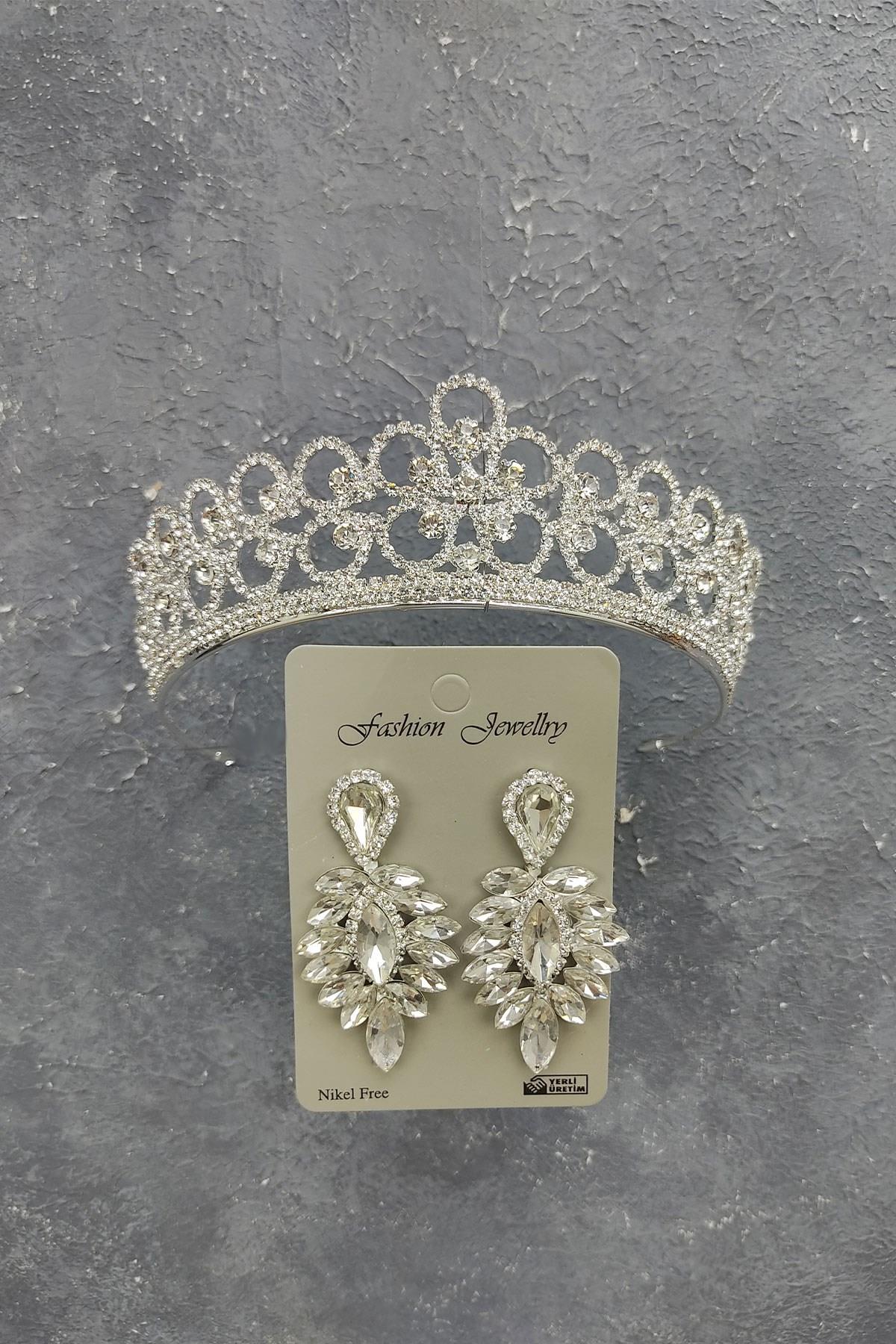 Wholesale Daisy Patterned Bridal Crown and Drop Stone Earrings