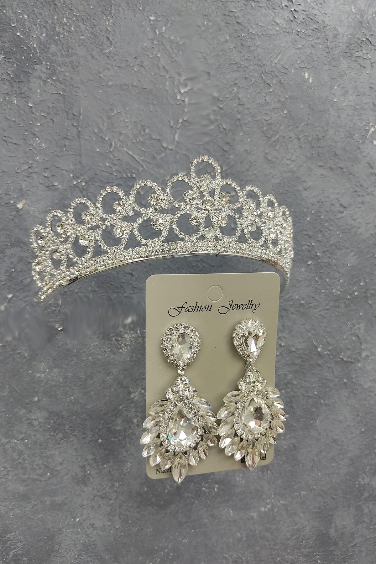 Wholesale Daisy Patterned Bridal Crown and Drop Shuttle Stone Earrings