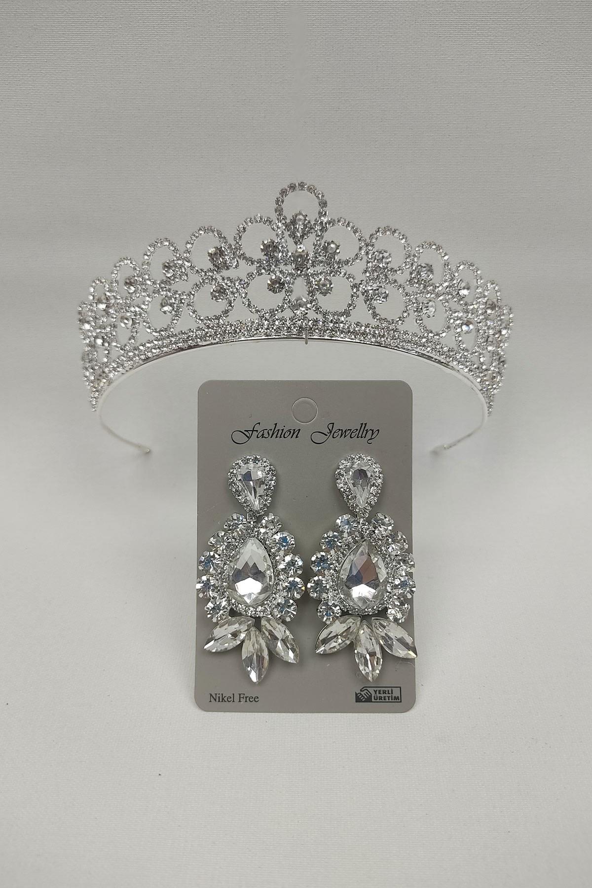 Toptan Papatya Desenli Gelin Tacı Ve Mekik Damla Taşlı Küpe