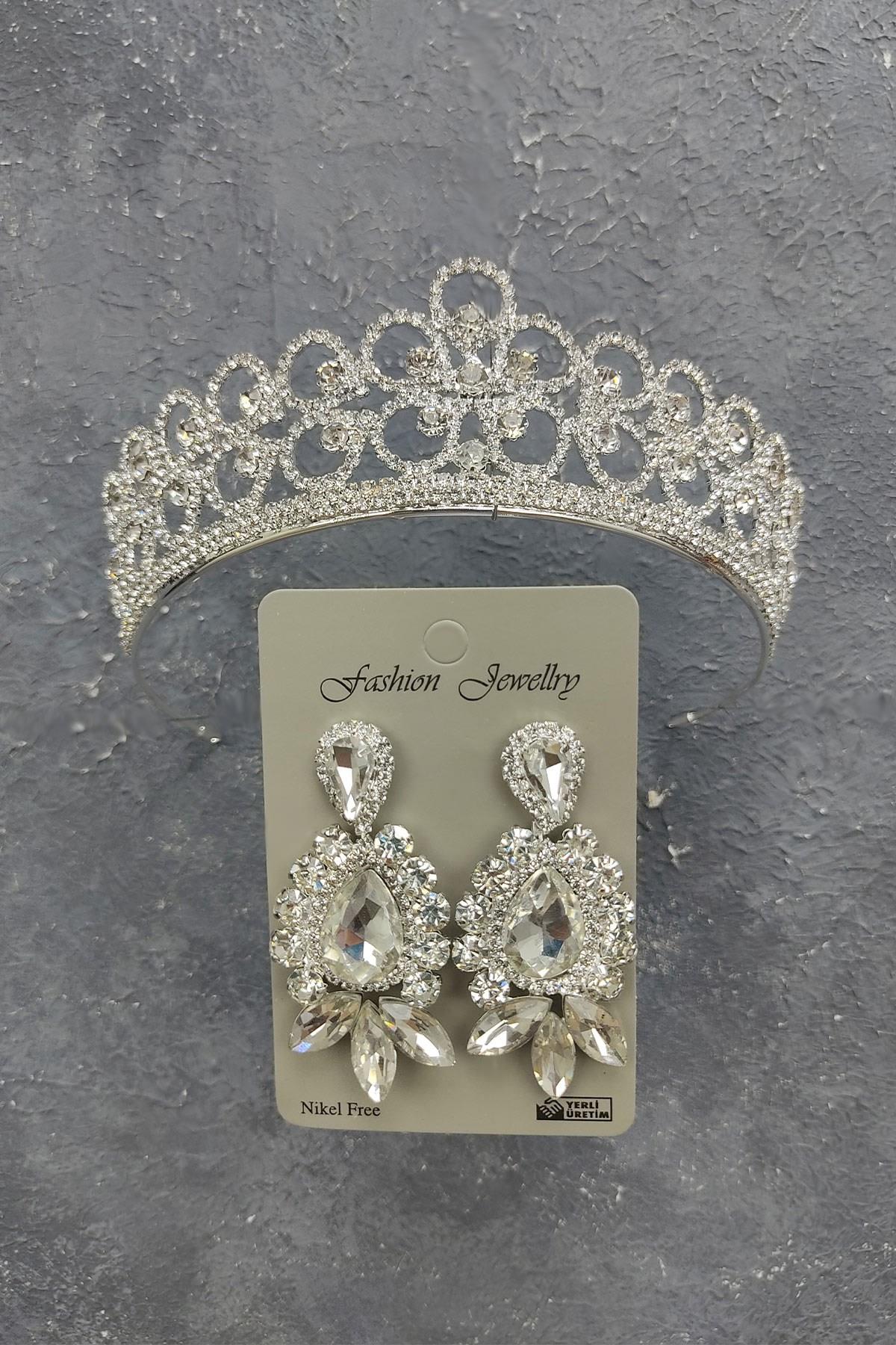 Toptan Papatya Desenli Gelin Tacı Ve Mekik Damla Taşlı Küpe