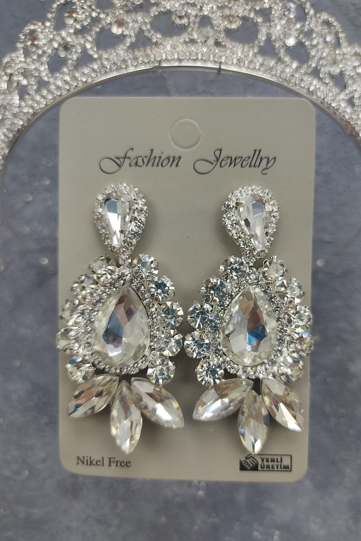 Toptan Papatya Desenli Gelin Tacı Ve Mekik Damla Taşlı Küpe