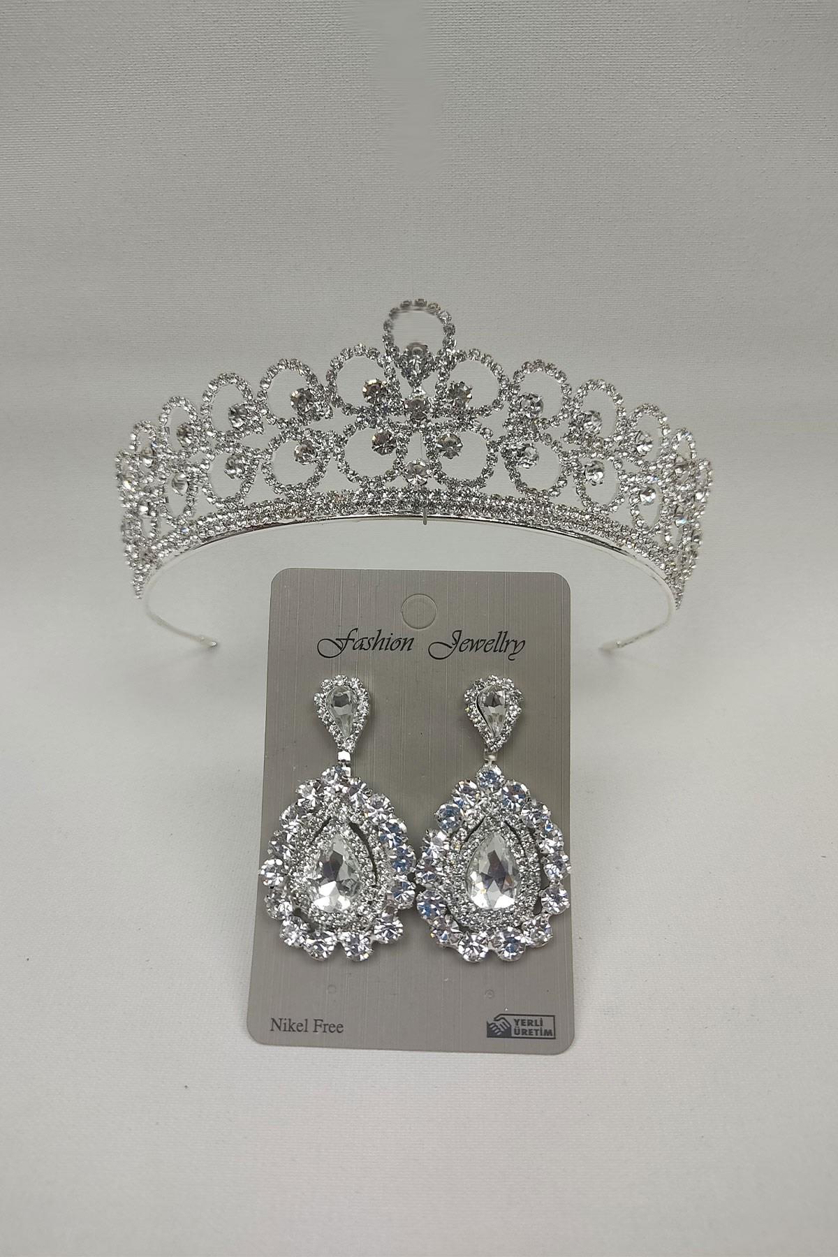 Wholesale Daisy Patterned Bridal Crown and Shuttle Stone Earrings