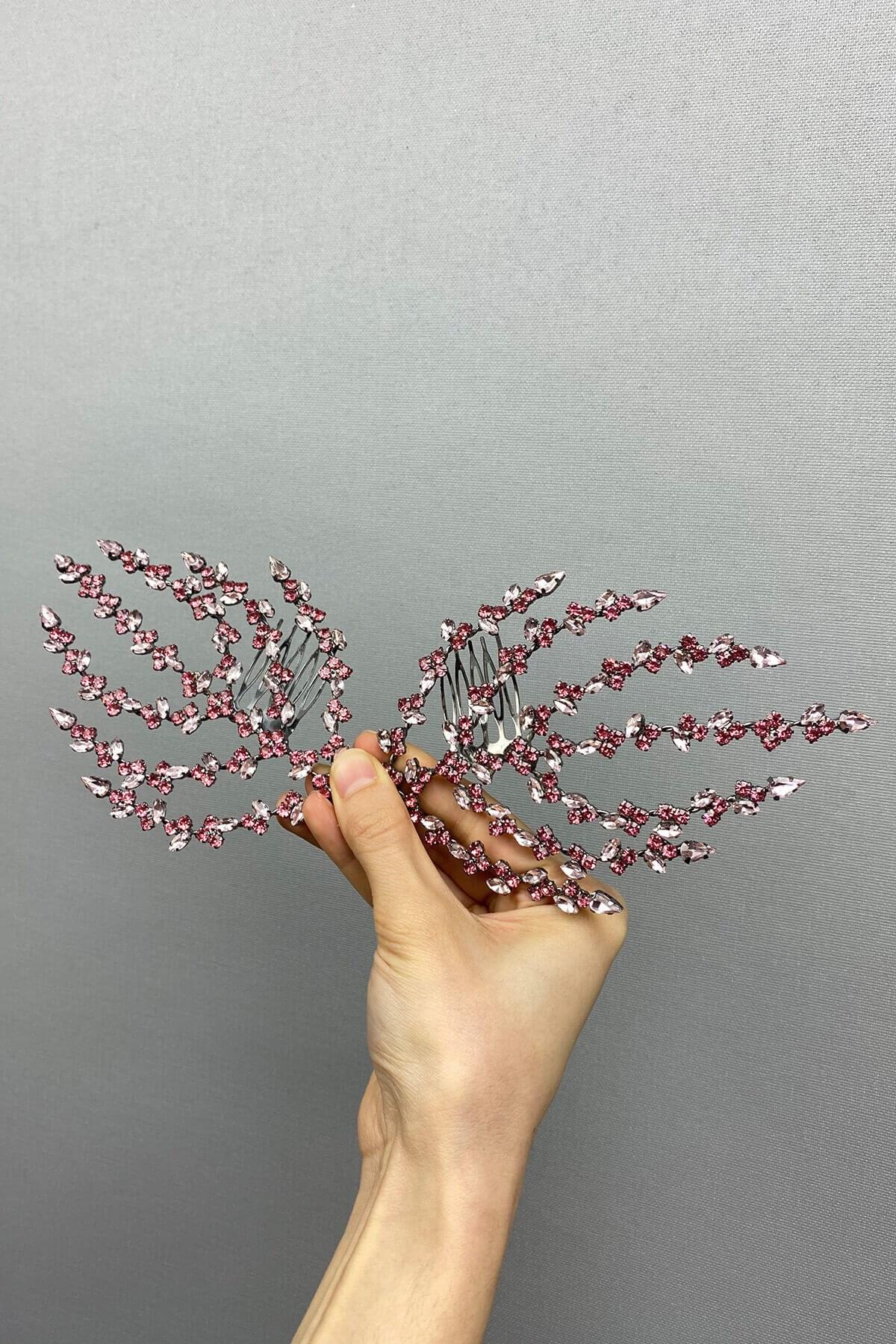 Toptan Pembe Çift Taraflı Yaprak Desenli Saç Aksesuarı Kına Tacı