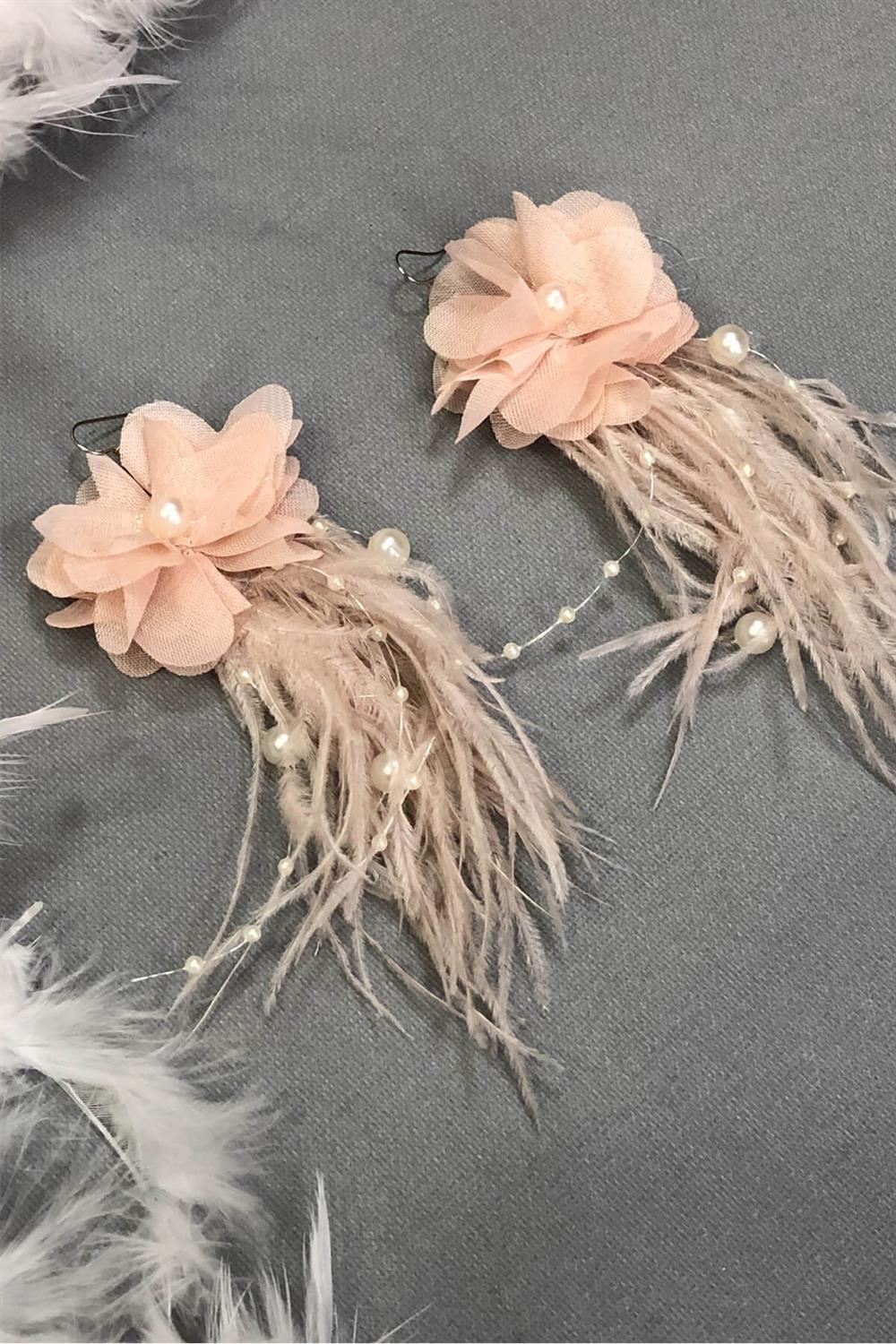 Toptan Pudra İncili Çiçekli Tüylü Küpe