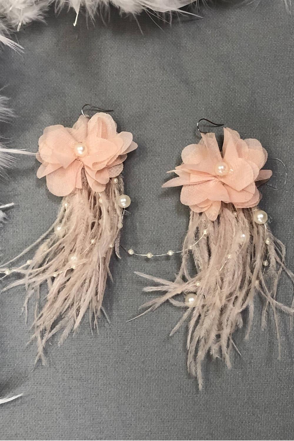 Toptan Pudra İncili Çiçekli Tüylü Küpe