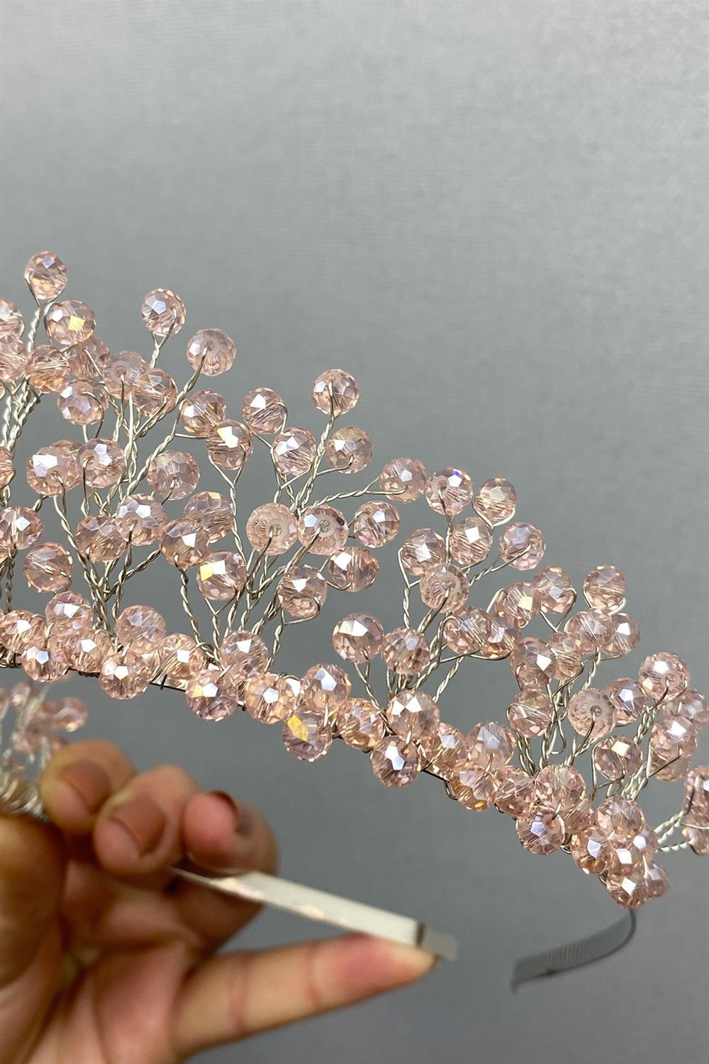 Toptan Pudra Kristal Boncuklu Aren Gelin ve Kına Tacı