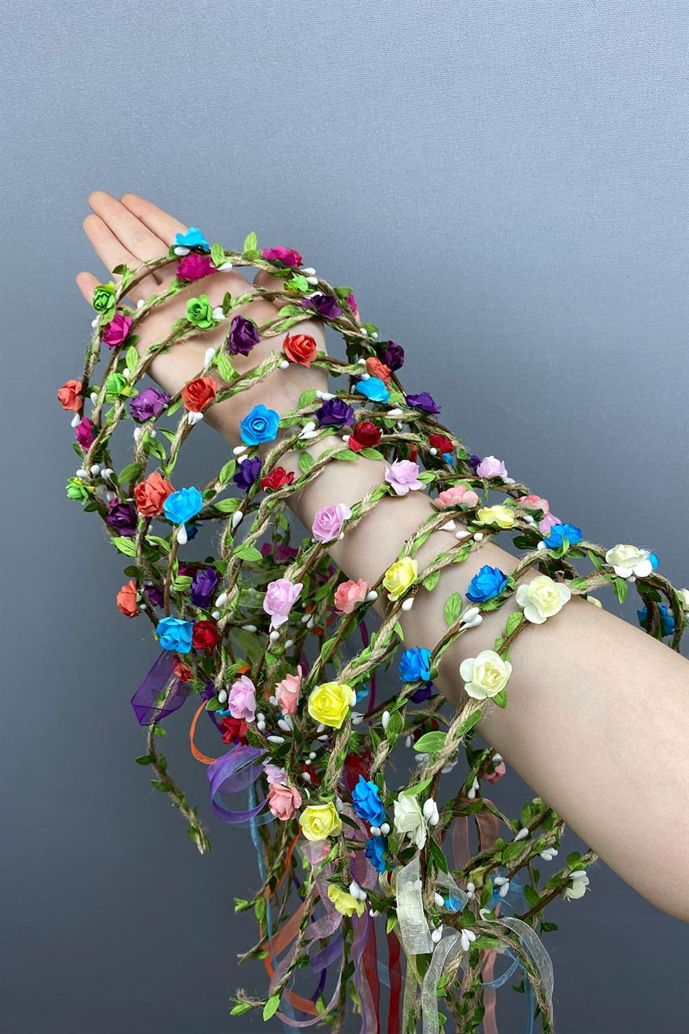 Toptan Rengarenk Kagıt Güllü Yapraklı Nedime Tacı ve Hediyelik Çocuk Tacı 10 Adet