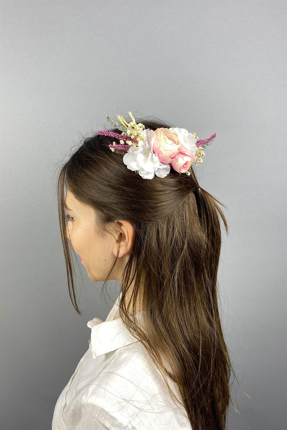 Toptan Rengarenk Kuru ve Yapay Çiçekli Taraklı Saç Tokası