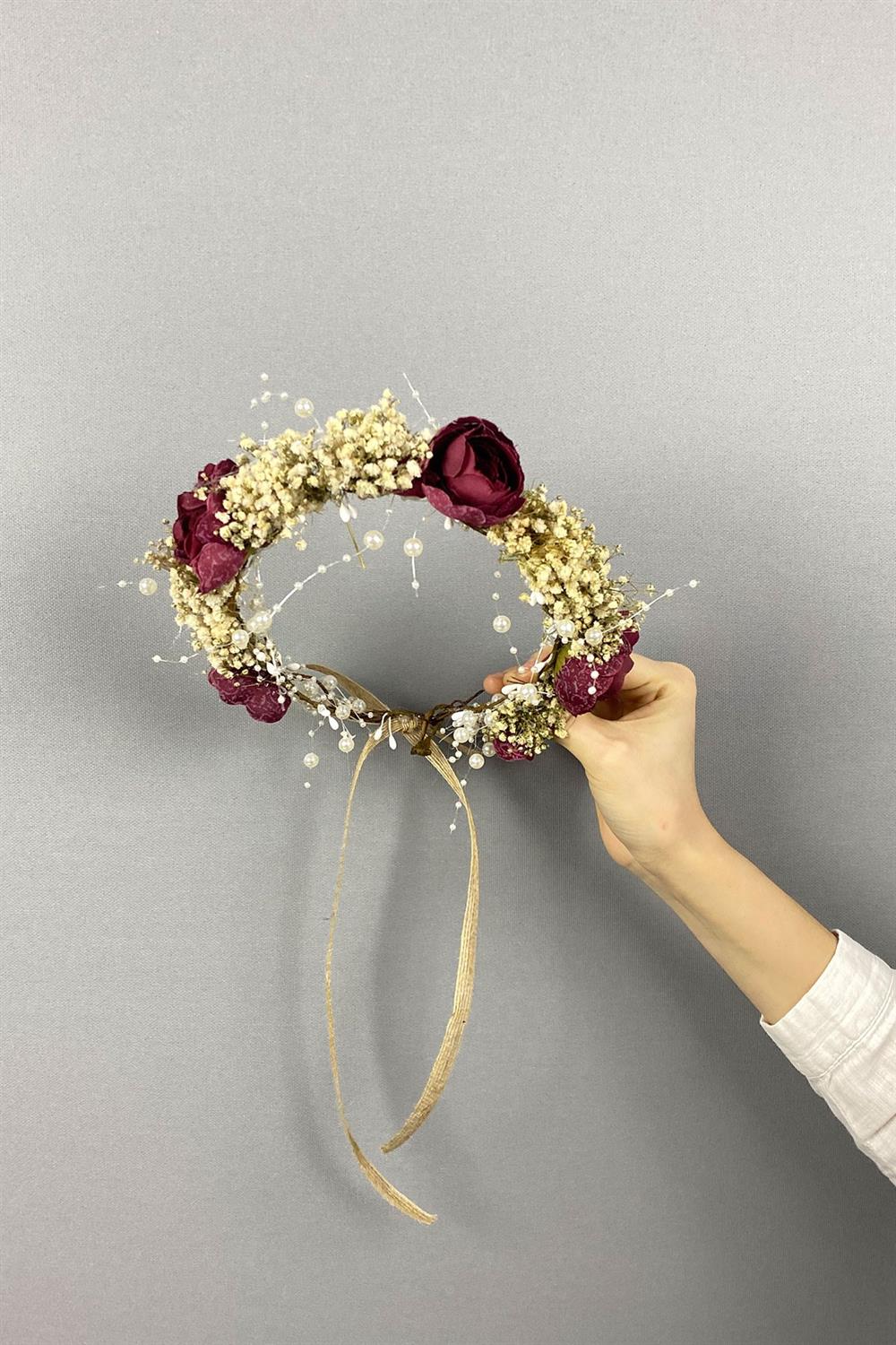 Toptan Şakayık Çiçekli Cipsolu İncili Fiyonklu Dış Çekim Gelin Tacı