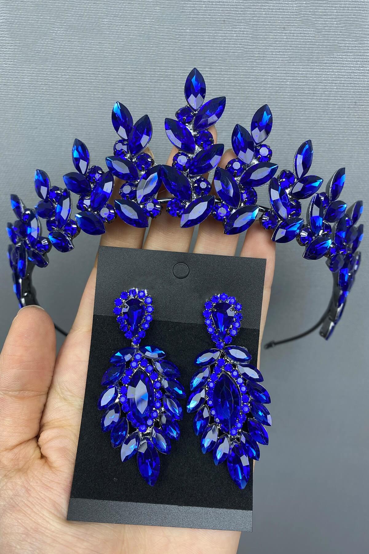 Toptan Saks Mavi Subra Gelin Kına Tac ve Küpesi