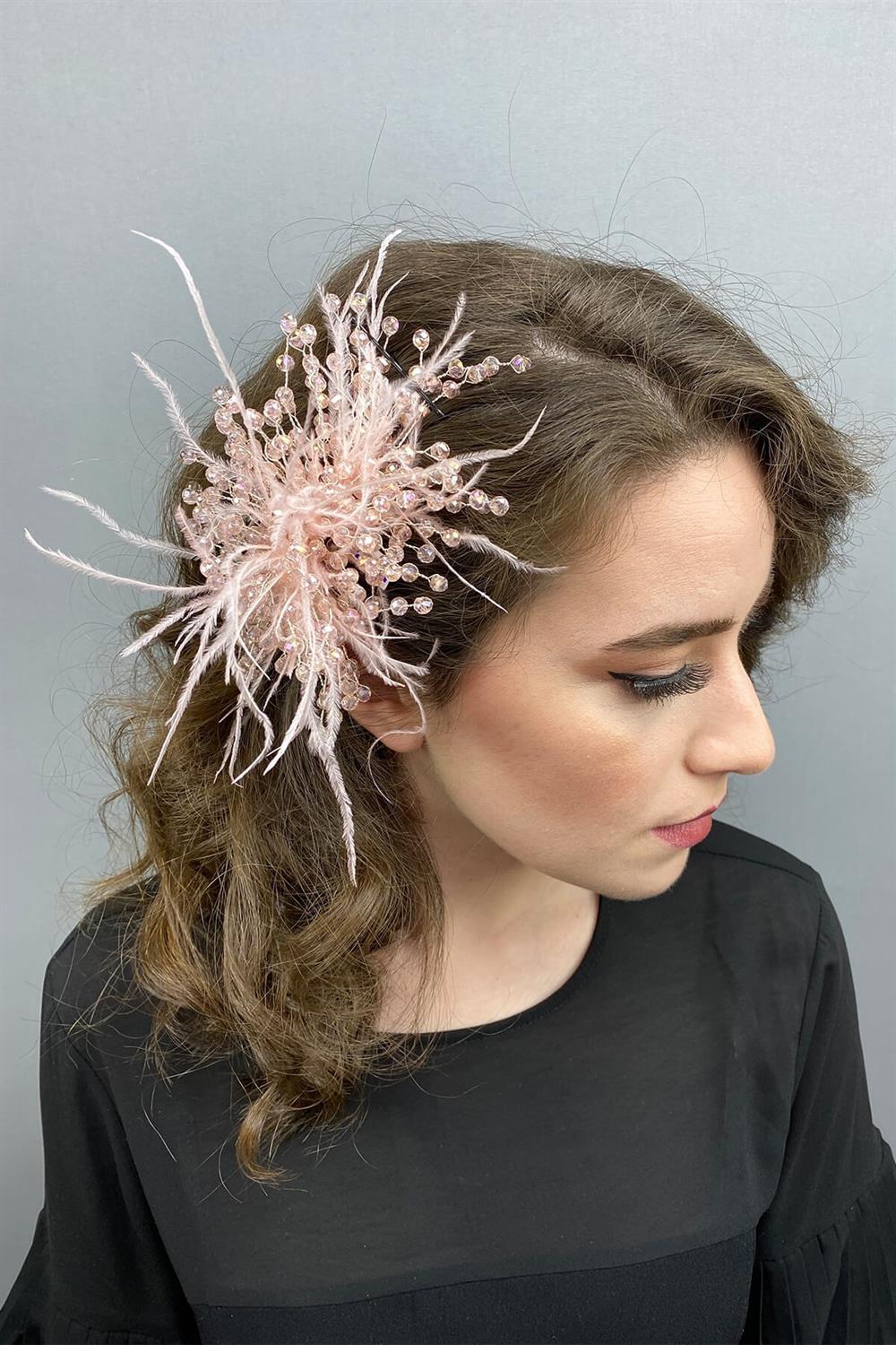 Wholesale Salmon Crystal Beaded and Feather Hair Accessory