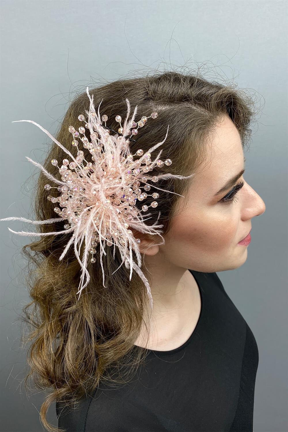 Wholesale Salmon Crystal Beaded and Feather Hair Accessory
