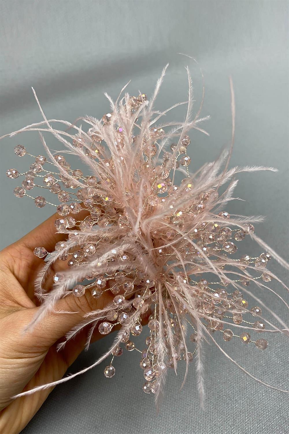 Wholesale Salmon Crystal Beaded and Feather Hair Accessory