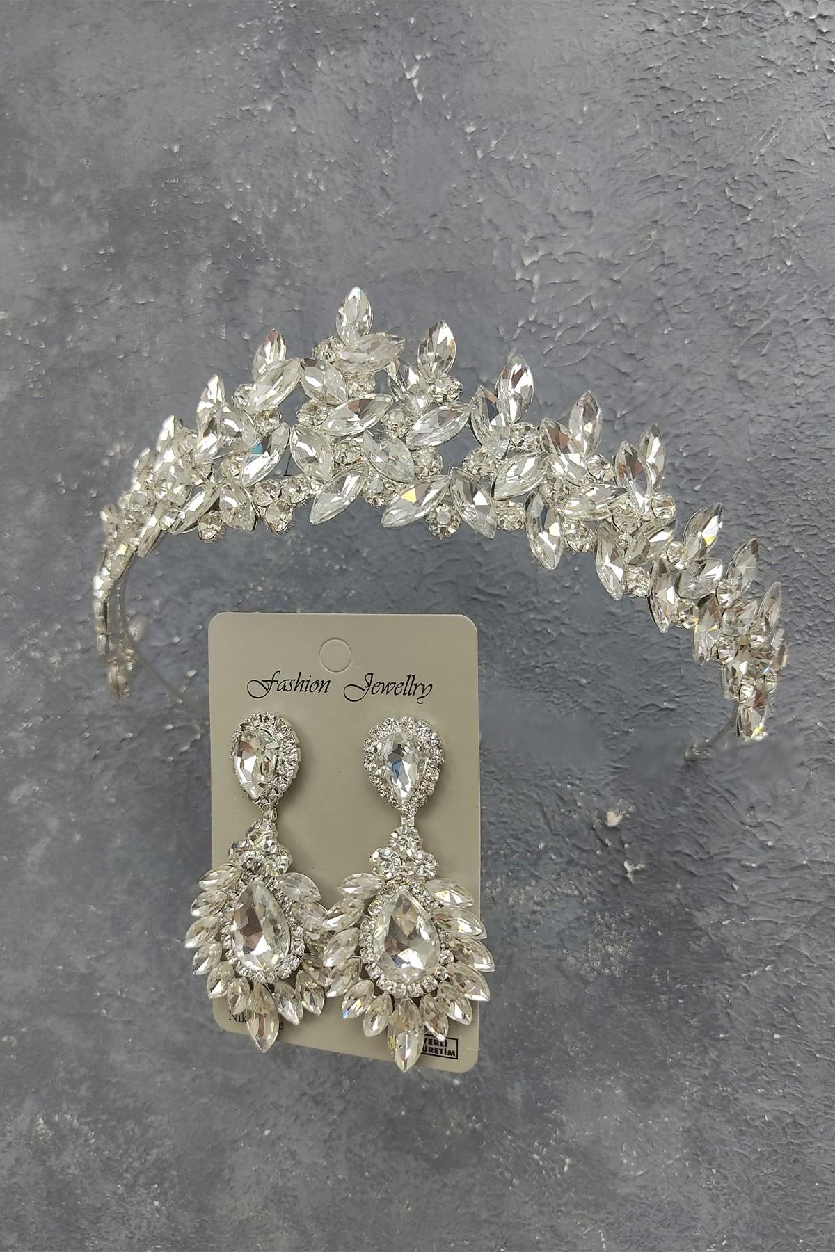 Wholesale Subra Model Bridal Crown and Drop Shuttle Stone Earrings