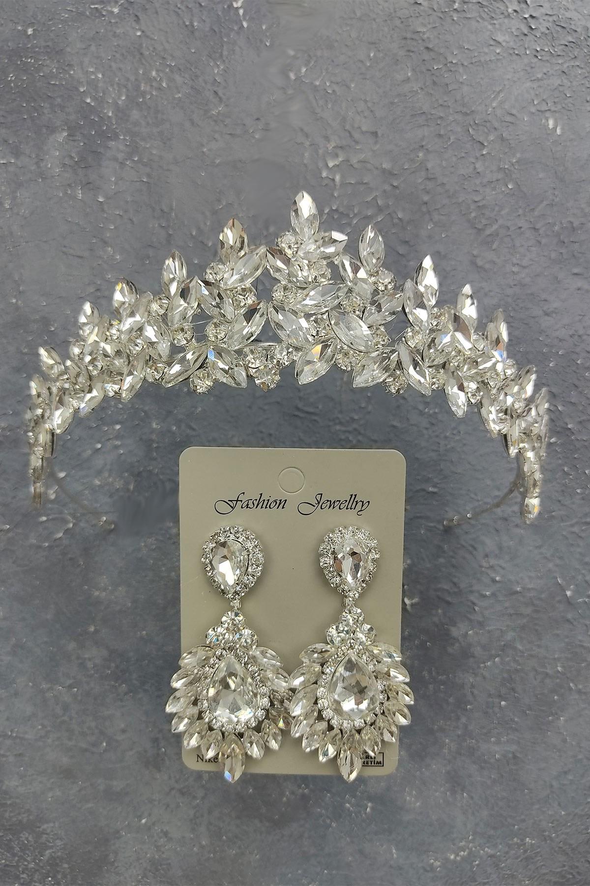 Wholesale Subra Model Bridal Crown and Drop Shuttle Stone Earrings