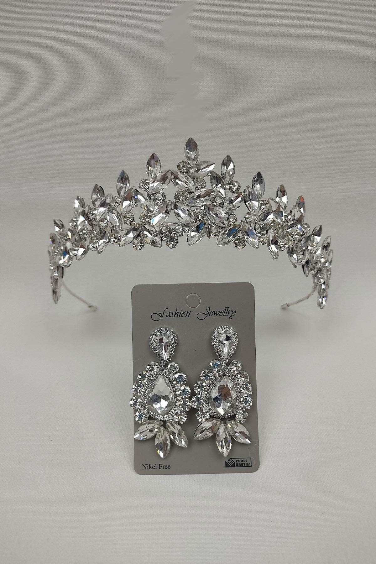Wholesale Subra Model Bridal Crown and Shuttle Drop Stone Earrings