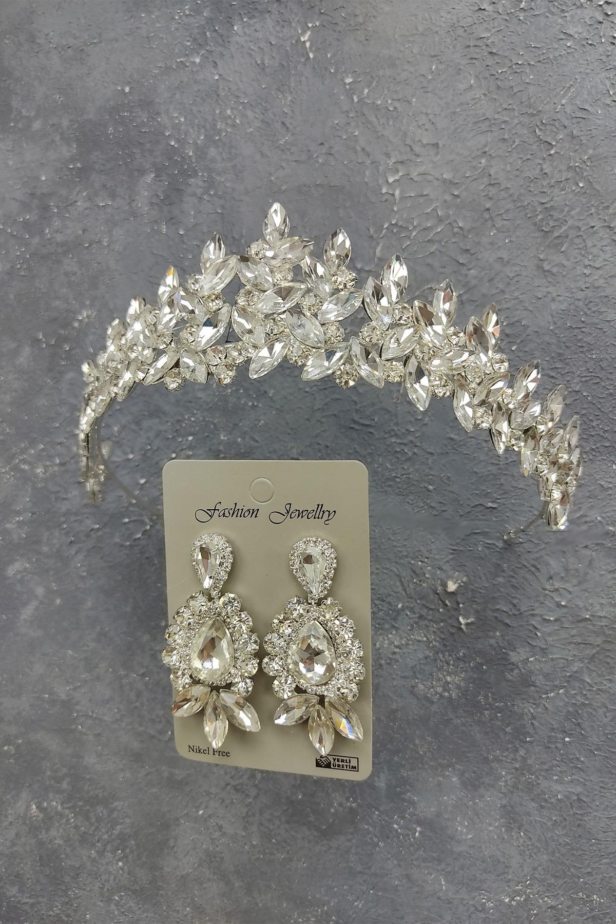 Wholesale Subra Model Bridal Crown and Shuttle Drop Stone Earrings