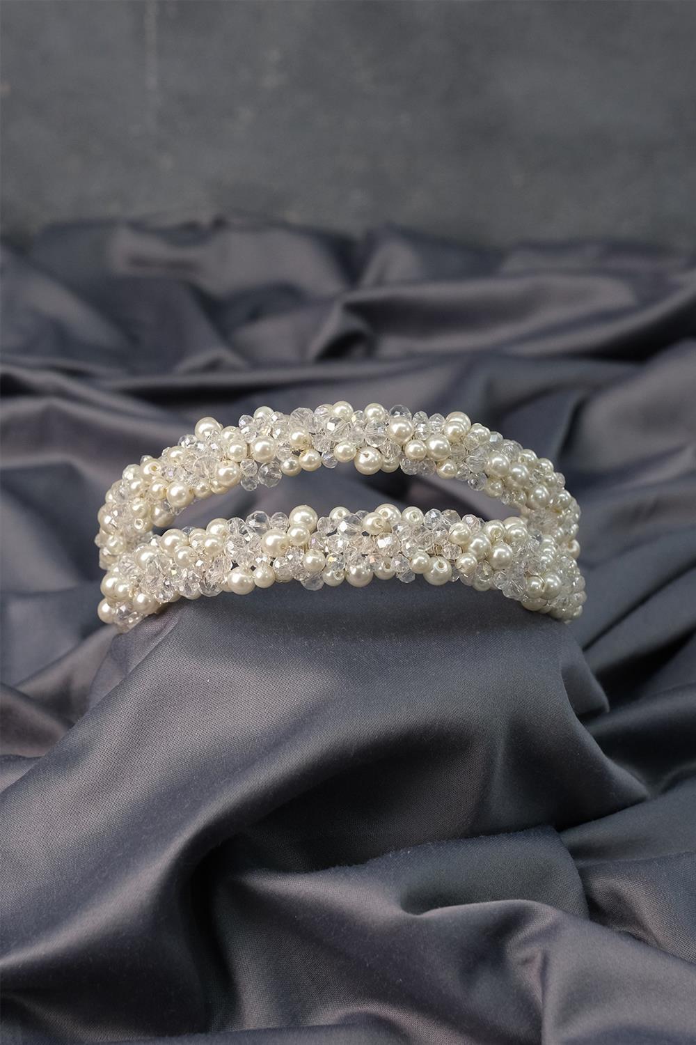 Toptan Yoğun İncili Özel Tasarım Çift Sıralı Gelin Tacı