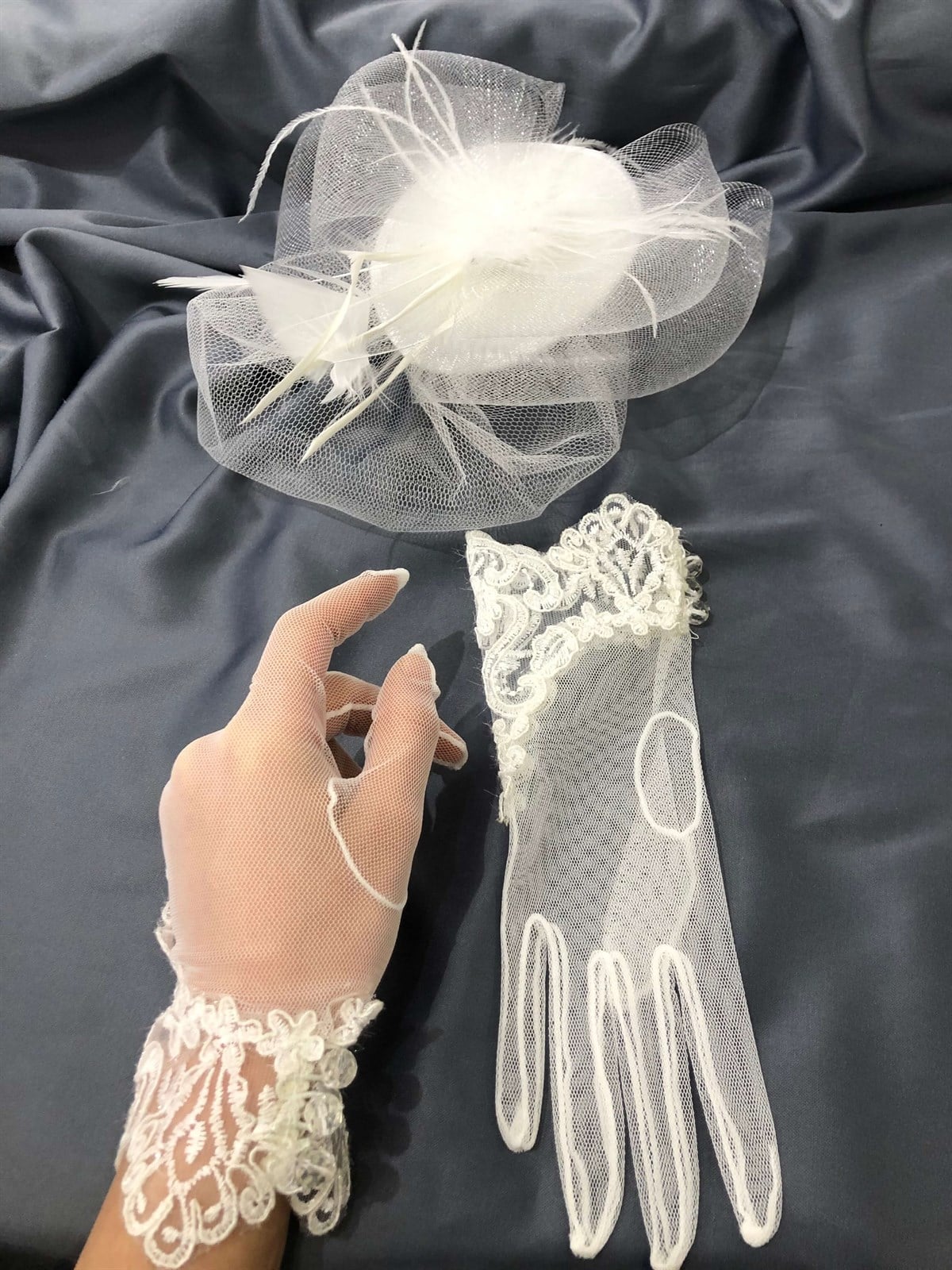 Beyaz Dantelli Eldiven-Düz Vualet Nikah Şapkası