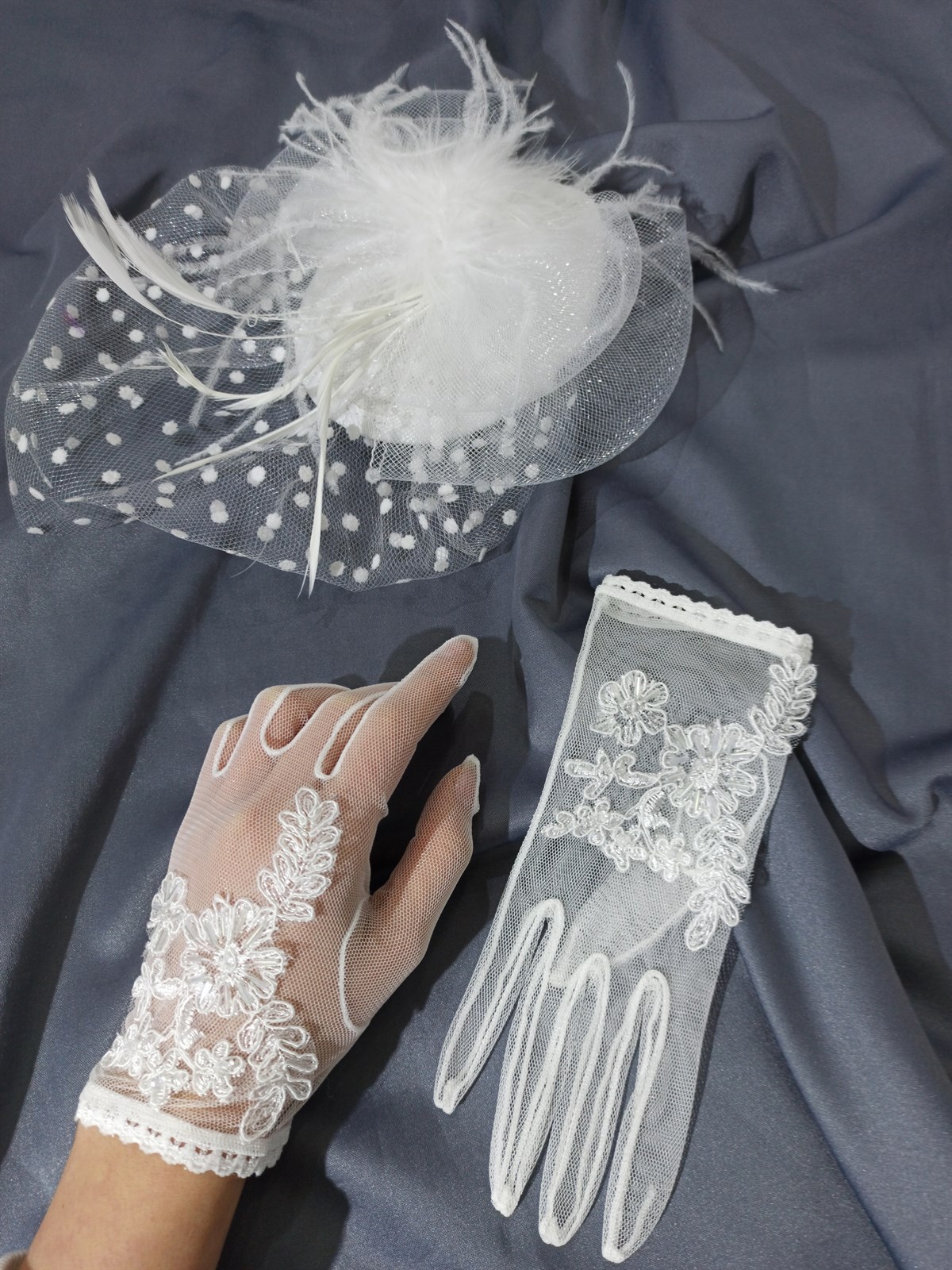White Floral Gloves-Vualet Wedding Cap Face Veils