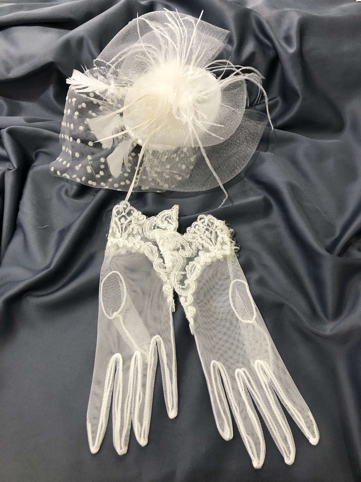 Beyaz Dantelli Eldiven- Puantiyeli Vualet Nikah Şapkası
