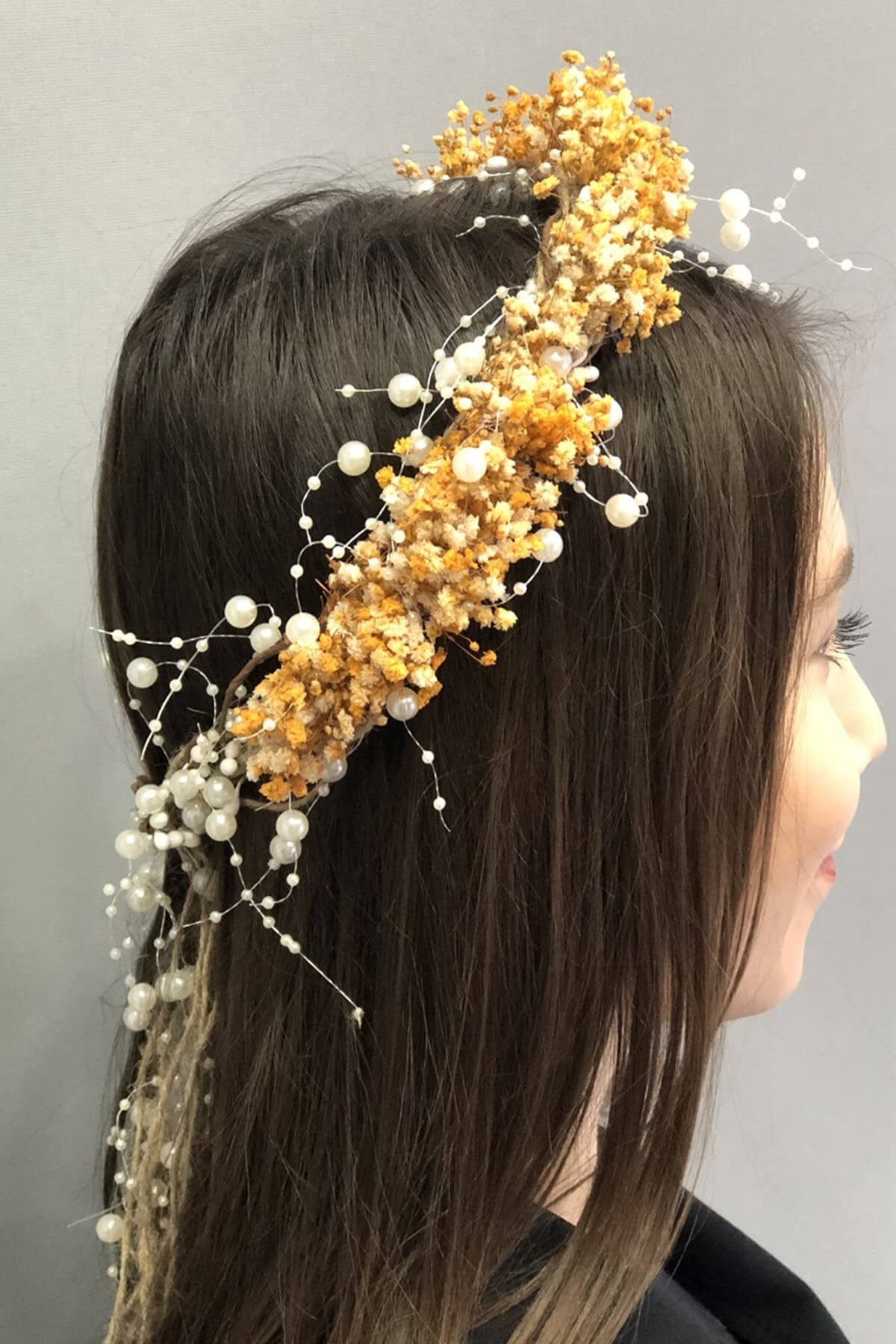 Dry Flower Crown With Orange Pearls