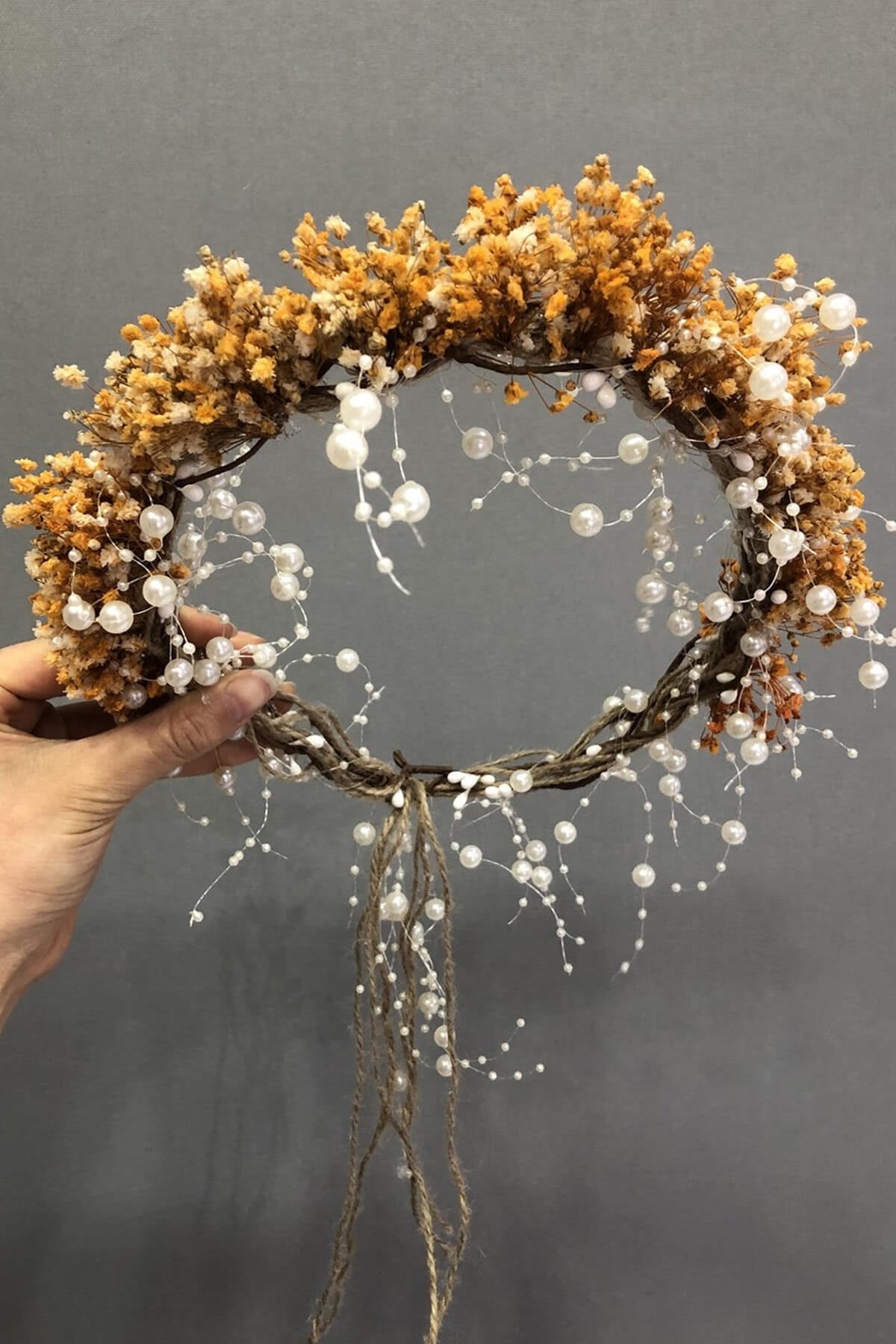 Dry Flower Crown With Orange Pearls