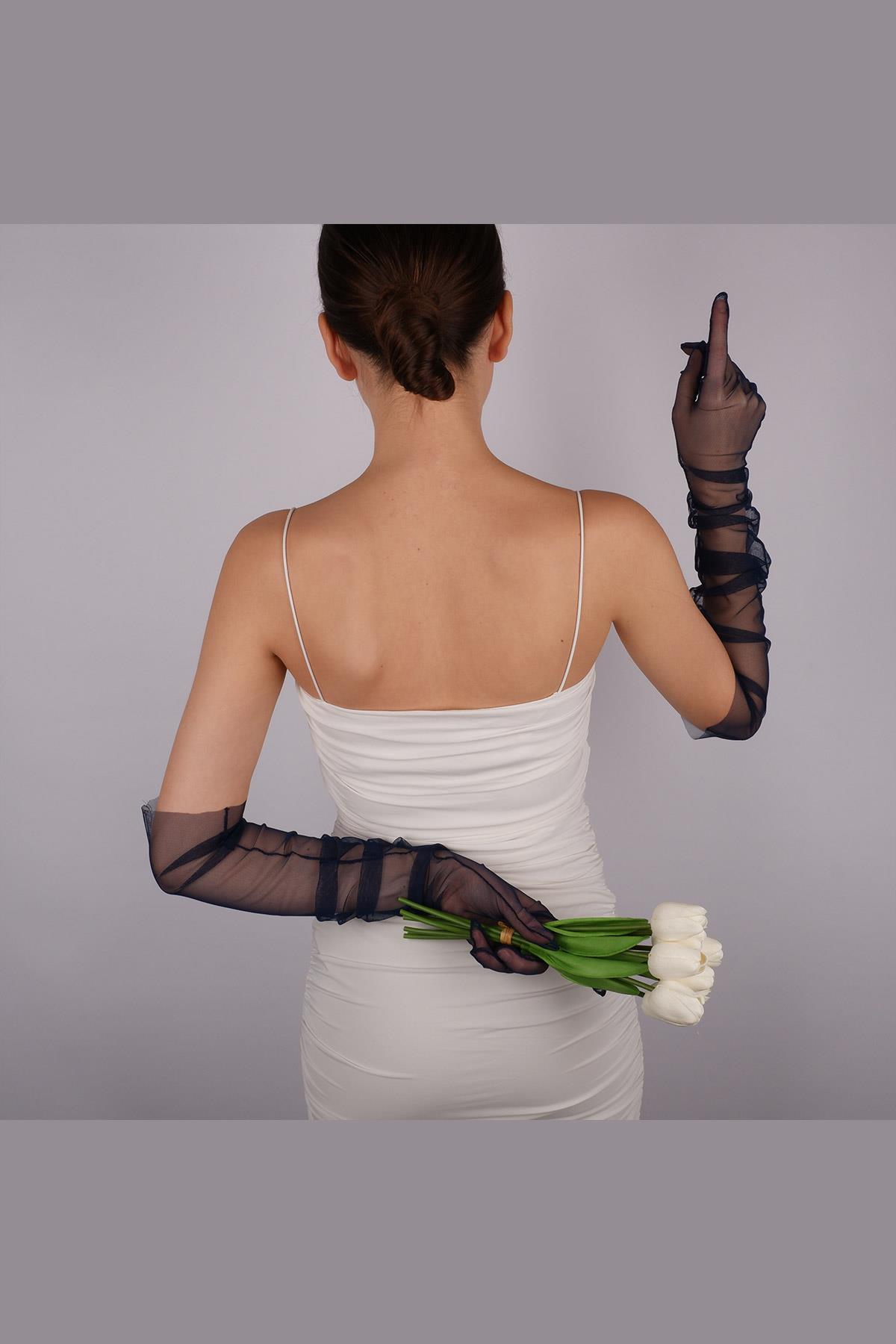 Uzun Şık Gelin Eldiveni Tül Eldiven Nikah/Düğün/Parti/Kostüm Eldiveni