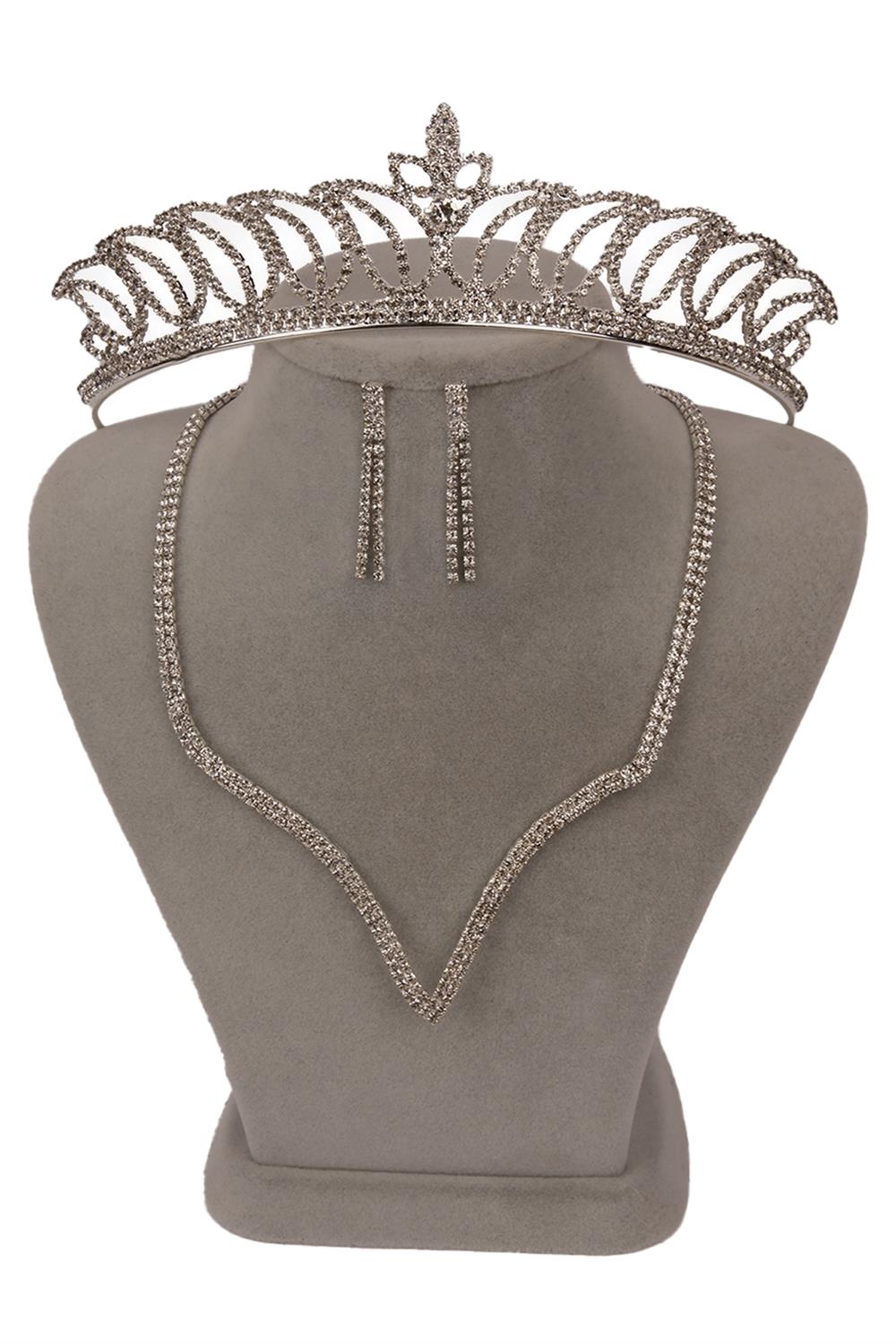 Vendi Crystal Stone Evening Dress Necklace Earring Set and Tulip Bridal Crown