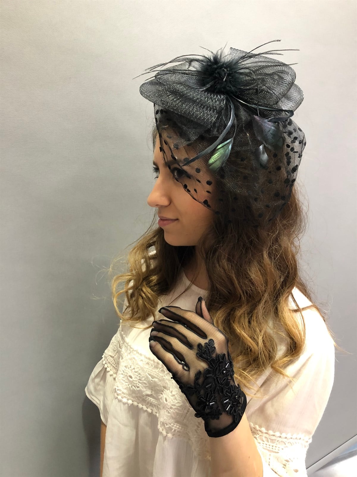 Black Beaded Gloves-Voilee Wedding Cap Face Veils